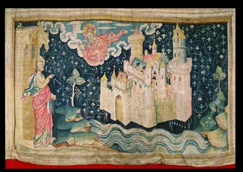 Uusi Jerusalem, numero 80 teoksesta The Apocalypse of Angers, 1373-87 (kuvakudos)